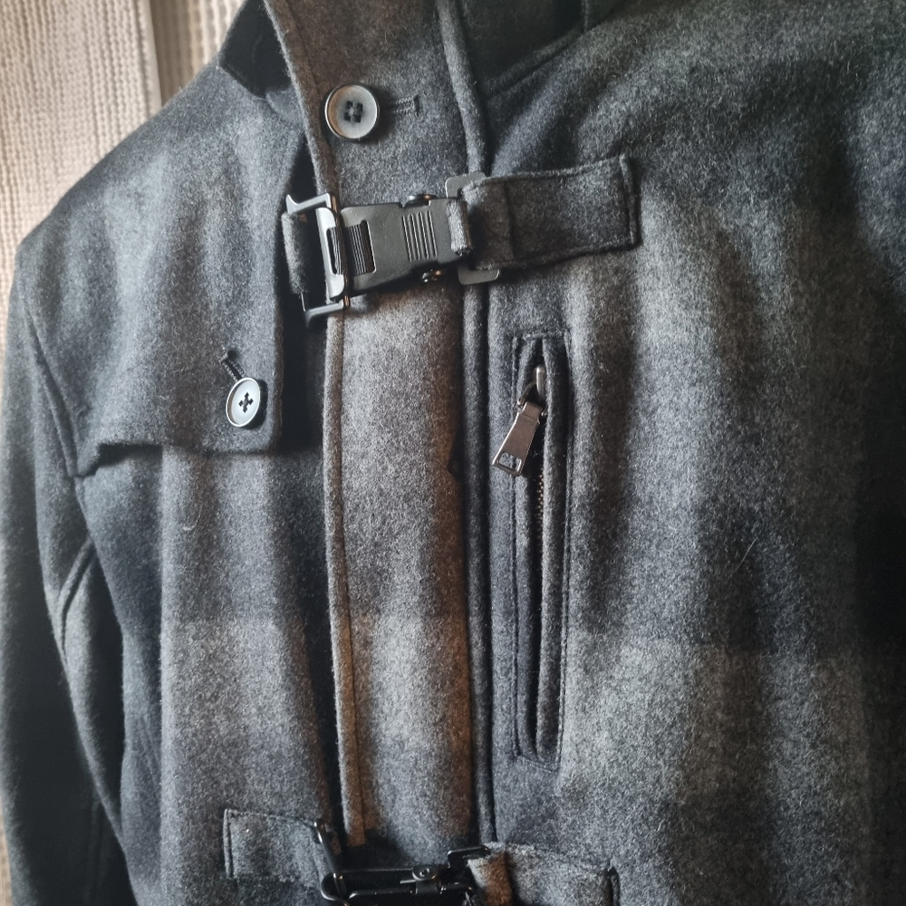 INC International Concepts Black Gray Plaid Duffle Coat Large